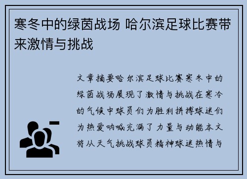 寒冬中的绿茵战场 哈尔滨足球比赛带来激情与挑战