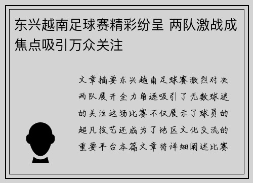 东兴越南足球赛精彩纷呈 两队激战成焦点吸引万众关注