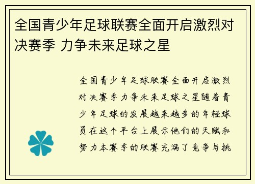 全国青少年足球联赛全面开启激烈对决赛季 力争未来足球之星