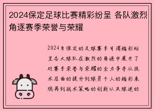 2024保定足球比赛精彩纷呈 各队激烈角逐赛季荣誉与荣耀
