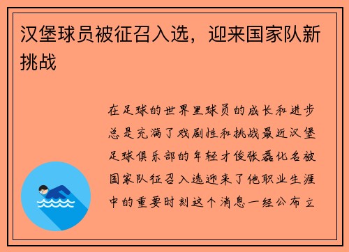 汉堡球员被征召入选，迎来国家队新挑战