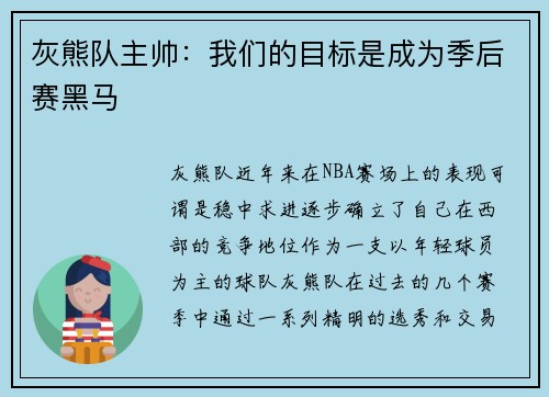 灰熊队主帅：我们的目标是成为季后赛黑马