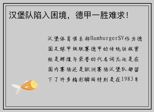 汉堡队陷入困境，德甲一胜难求！