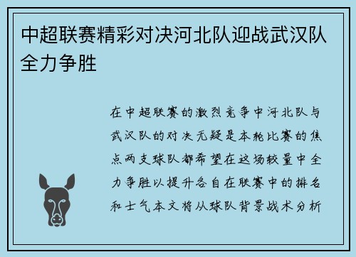 中超联赛精彩对决河北队迎战武汉队全力争胜