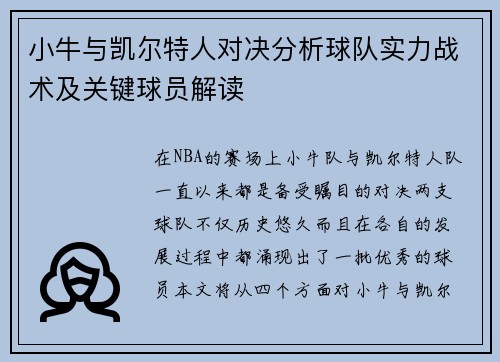 小牛与凯尔特人对决分析球队实力战术及关键球员解读