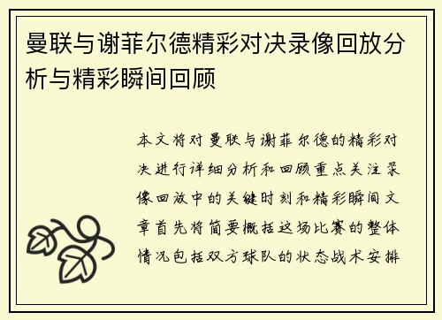 曼联与谢菲尔德精彩对决录像回放分析与精彩瞬间回顾