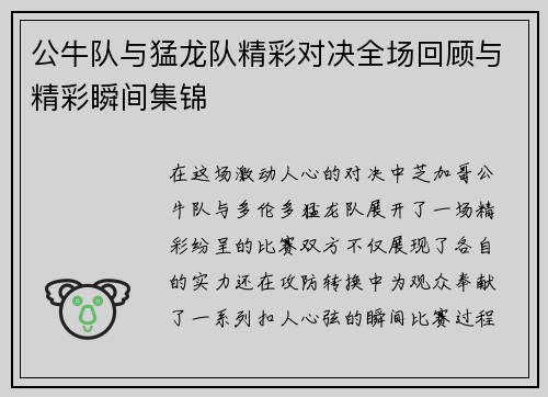 公牛队与猛龙队精彩对决全场回顾与精彩瞬间集锦