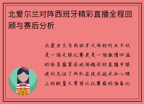 北爱尔兰对阵西班牙精彩直播全程回顾与赛后分析