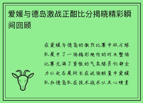 爱媛与德岛激战正酣比分揭晓精彩瞬间回顾