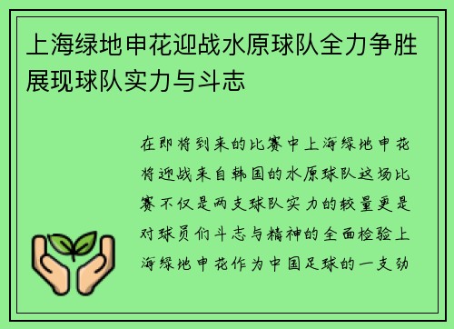 上海绿地申花迎战水原球队全力争胜展现球队实力与斗志