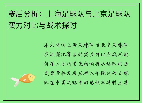 赛后分析：上海足球队与北京足球队实力对比与战术探讨