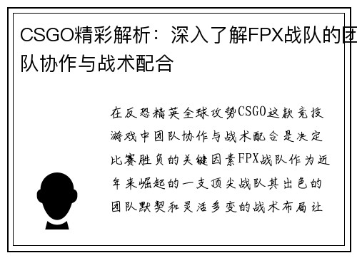 CSGO精彩解析：深入了解FPX战队的团队协作与战术配合