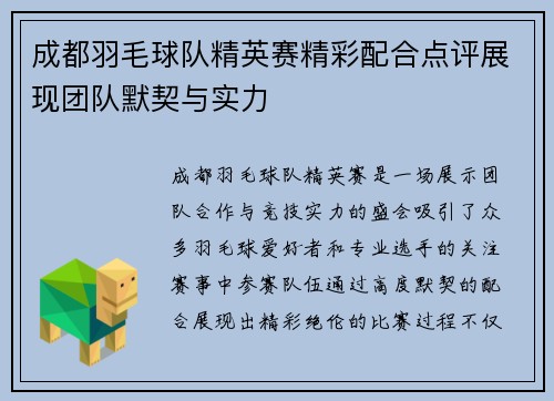 成都羽毛球队精英赛精彩配合点评展现团队默契与实力